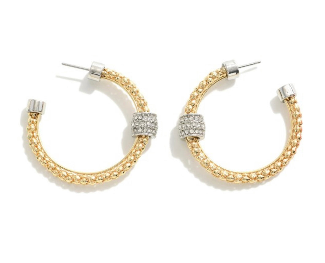 Gold Popcorn Chain Hoop w/Rhinestone Cuff