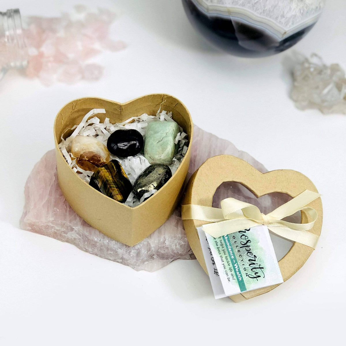 Crystal Healing Prosperity Set of Stones in Heart Shaped Box