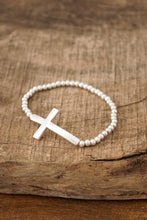 Load image into Gallery viewer, Minimal Cross Stretchy Bracelet in Worn Silver tone with Ball Beads

