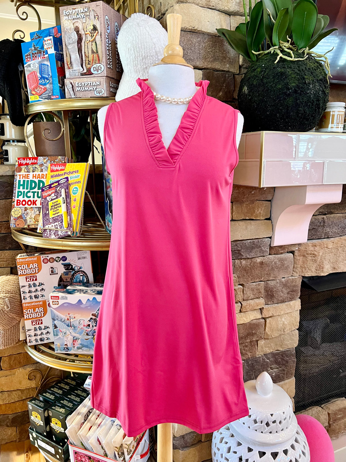 Hot Pink Sleeveless Dress w/Ruffle Neckline