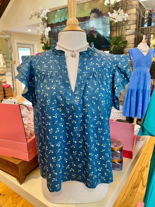 Amy Denim Top w/Flutter Sleeve
