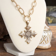 Load image into Gallery viewer, Decorative Cross Statement Necklace – Worn Gold Tone

