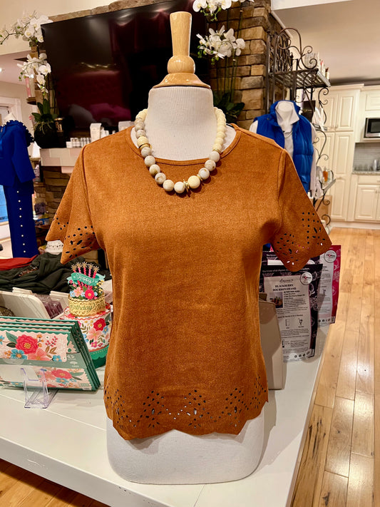 Cognac Faux Suede Laser Cut Tee