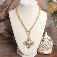 Load image into Gallery viewer, Decorative Cross Necklace Worn Gold Tone Front Toggle and Pearl
