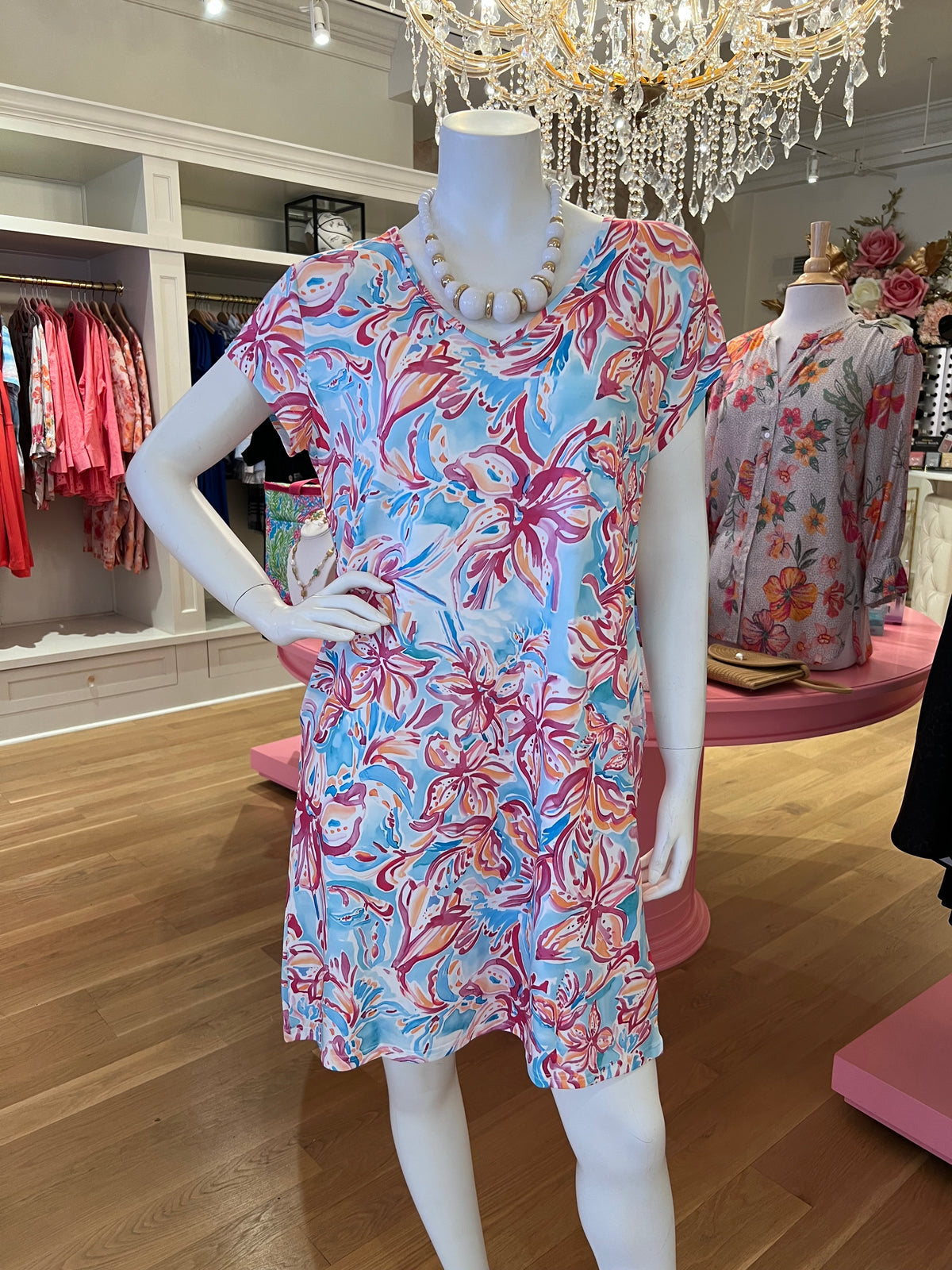 Blue & Pink Floral Short Sleeve Dress
