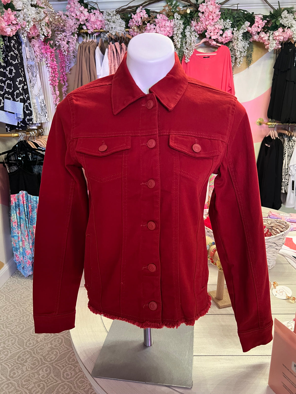 Red Frayed Denim Jacket