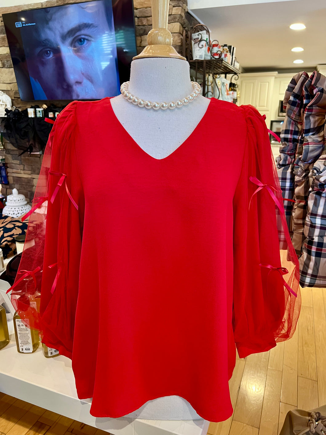 Red Bow Long Sleeve Top