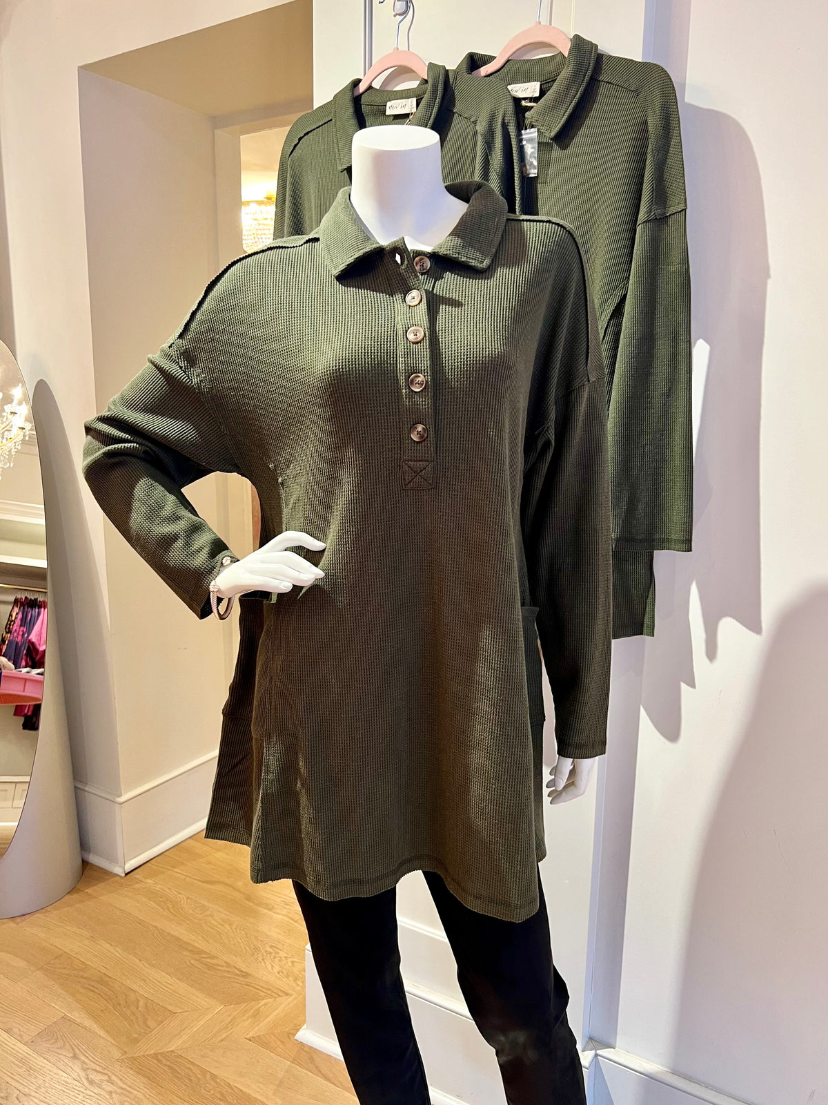 Olive Waffle Knit Tunic Dress