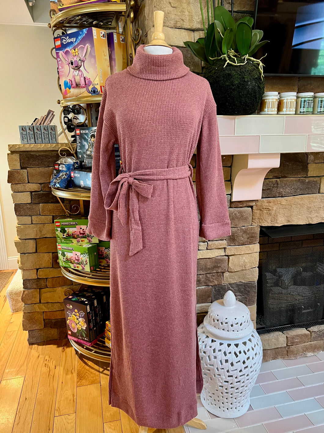 Berry Waffle Knit Turtleneck Dress