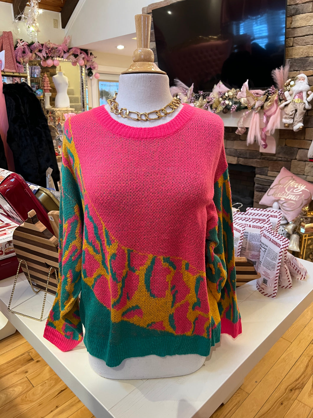 Pink Color Block Leopard Sweater