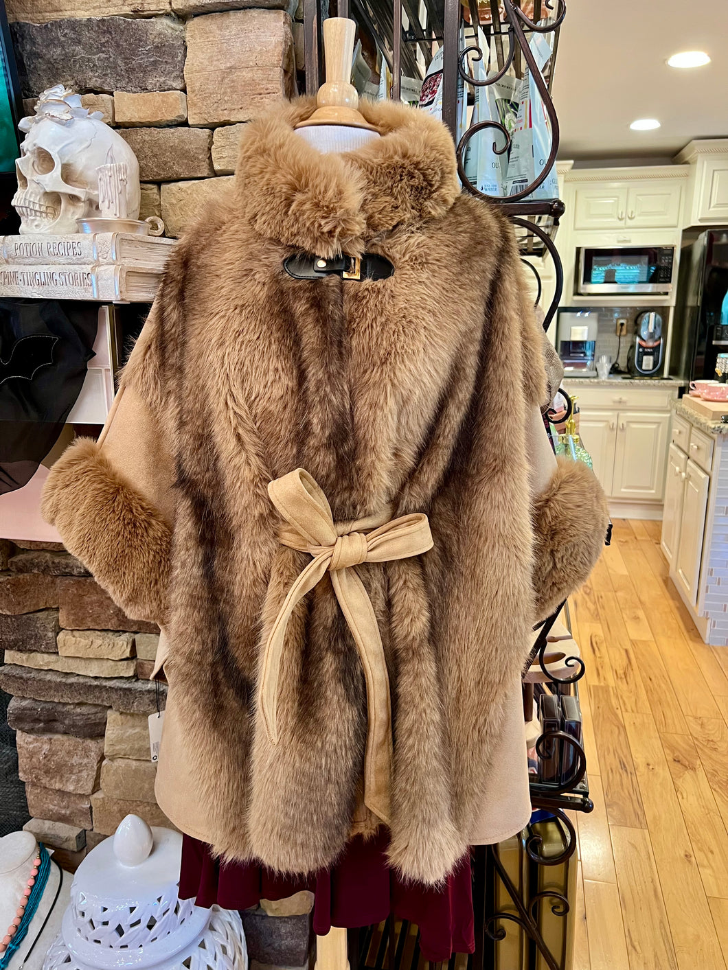 Faux Fur Trim Belted Waist Cape