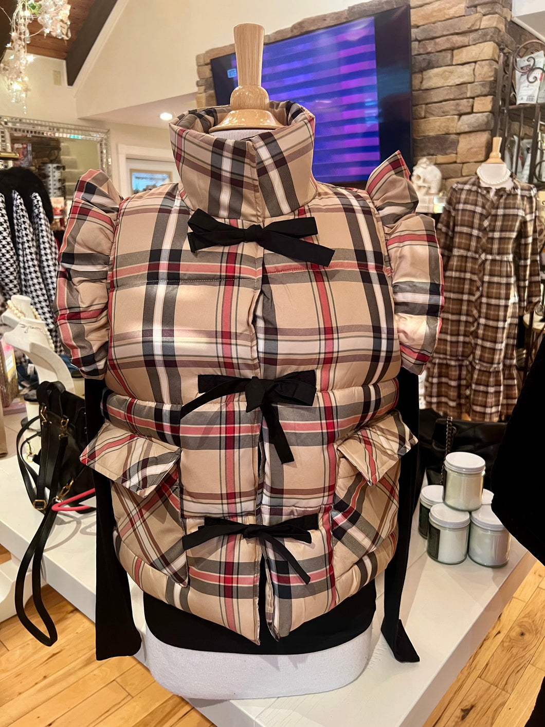 Taupe Plaid Puffer Vest w/Bow Detail
