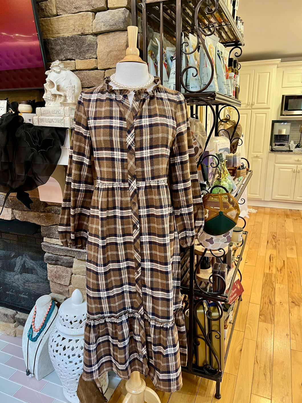 Mocha Plaid Flannel Button Dress