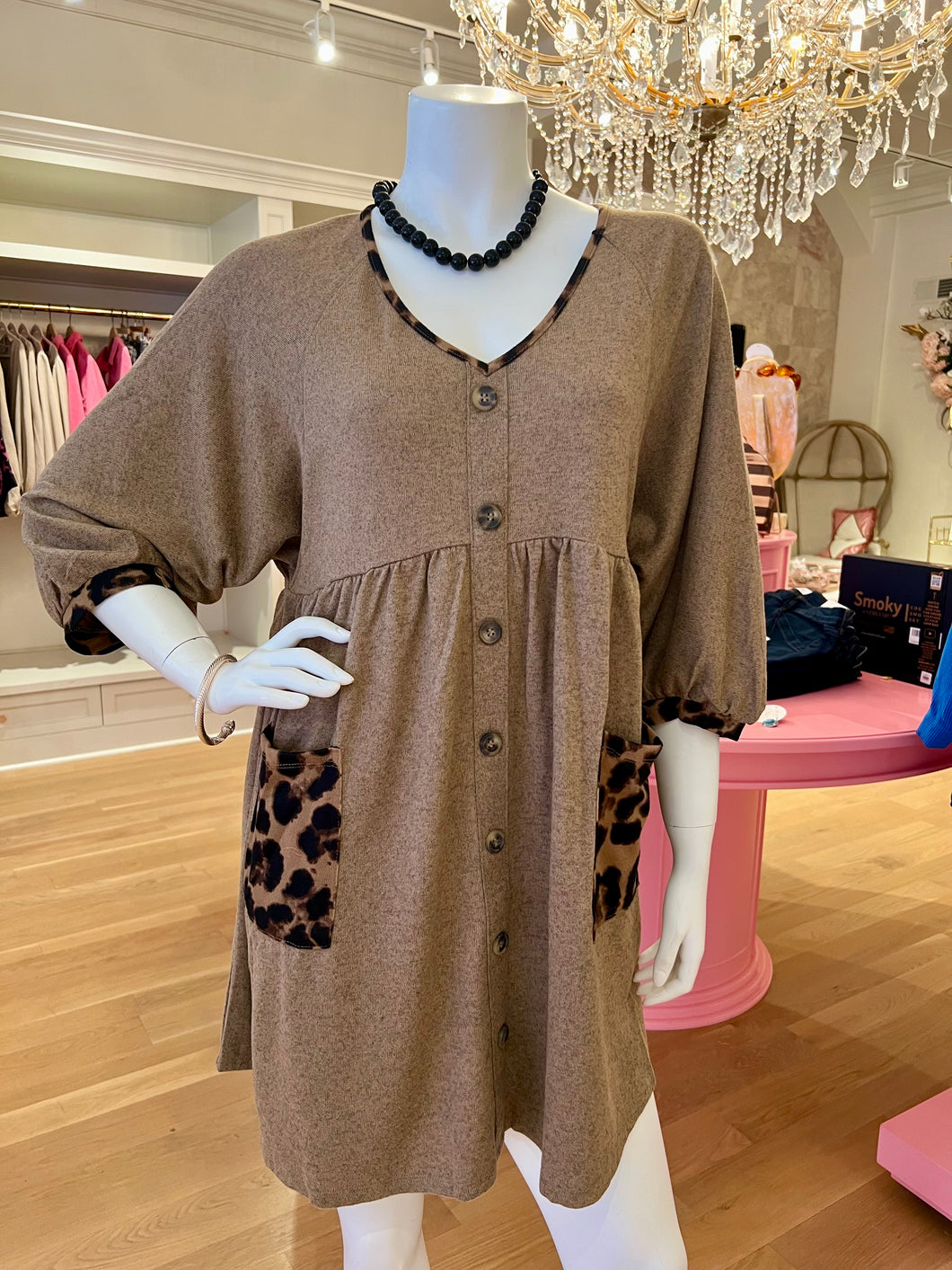 Taupe Babydoll Dress w/Leopard Print Pockets