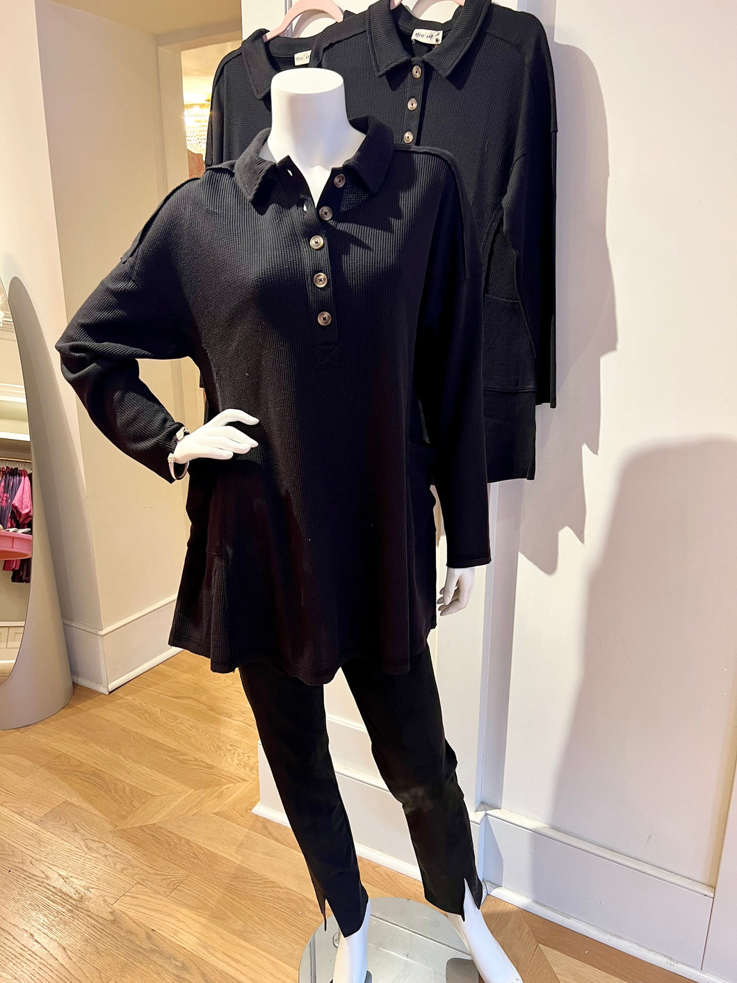 Black Waffle Knit Tunic Dress Sash&Bow Black Waffle Knit Tunic Dress Sash&Bow