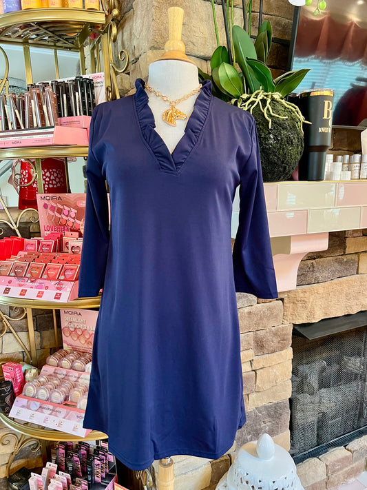 Navy Peyton Ruffle Neck Dress
