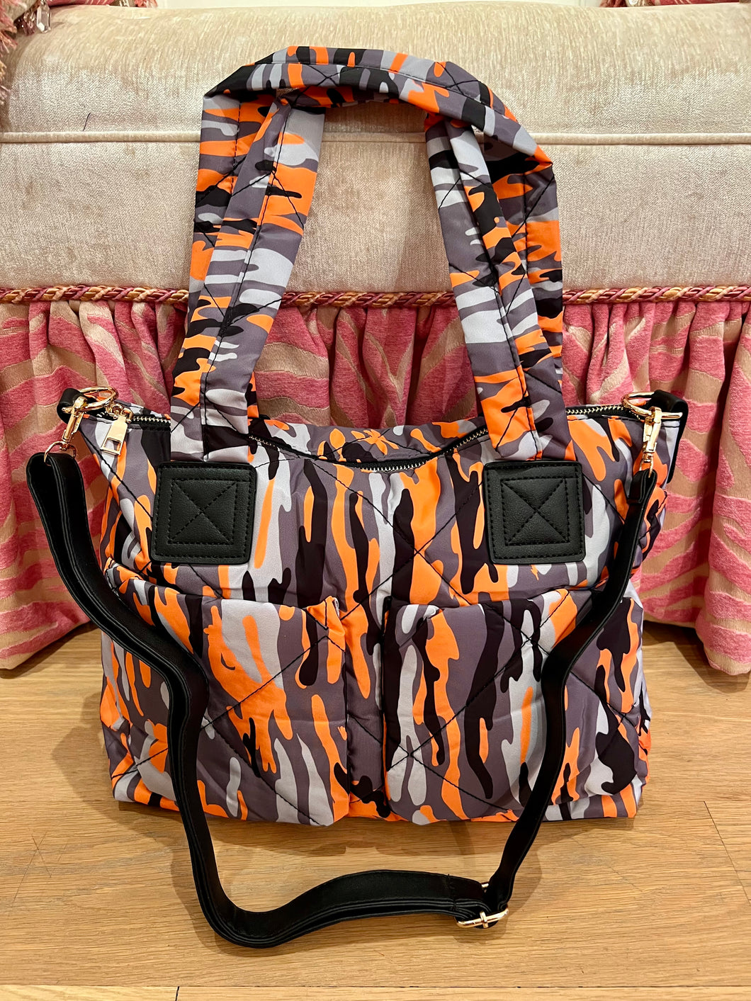 Orange Camo Puffer Tote Bag