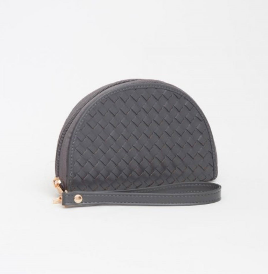 Grey Vegan Leather Woven Wristlet