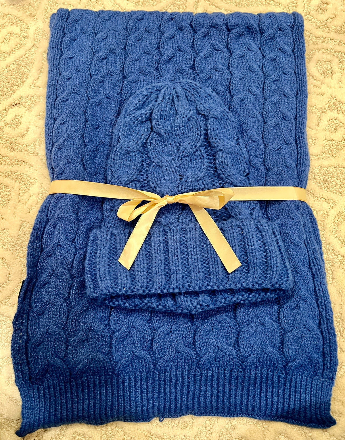 Royal Blue Cable Knit Scarf & Beanie Set