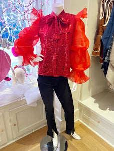 Red Sequin Top w/Ruffled Sleeves