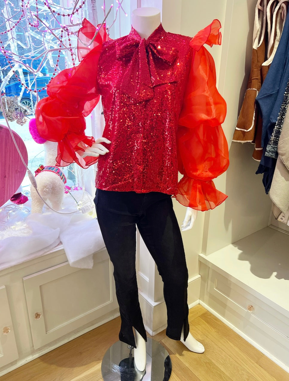 Red Sequin Top w/Ruffled Sleeves