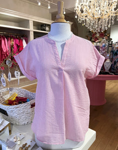 Pink Seersucker Short Sleeve Top