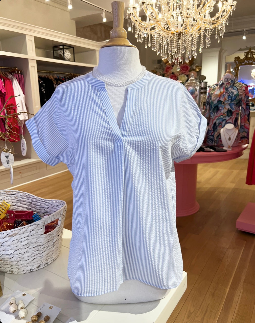 Blue Seersucker Short Sleeve Top