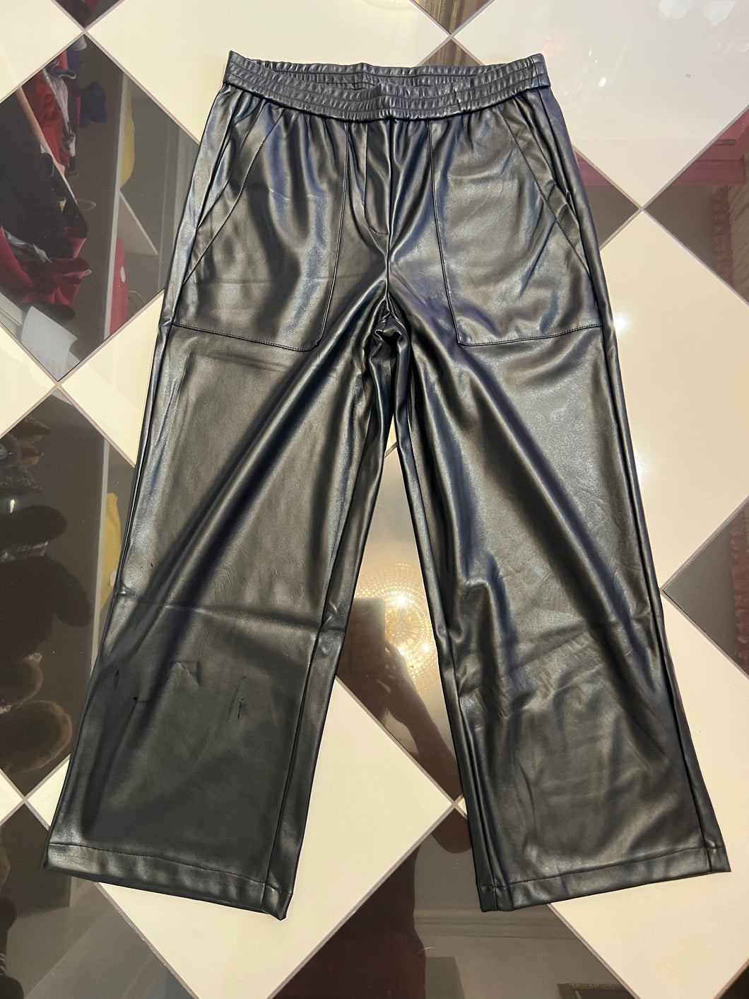 Black Faux Leather Wide Leg Crop Pant