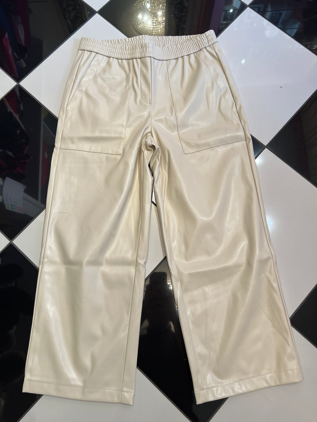 Ecru Faux Leather Wide Leg Crop Pant