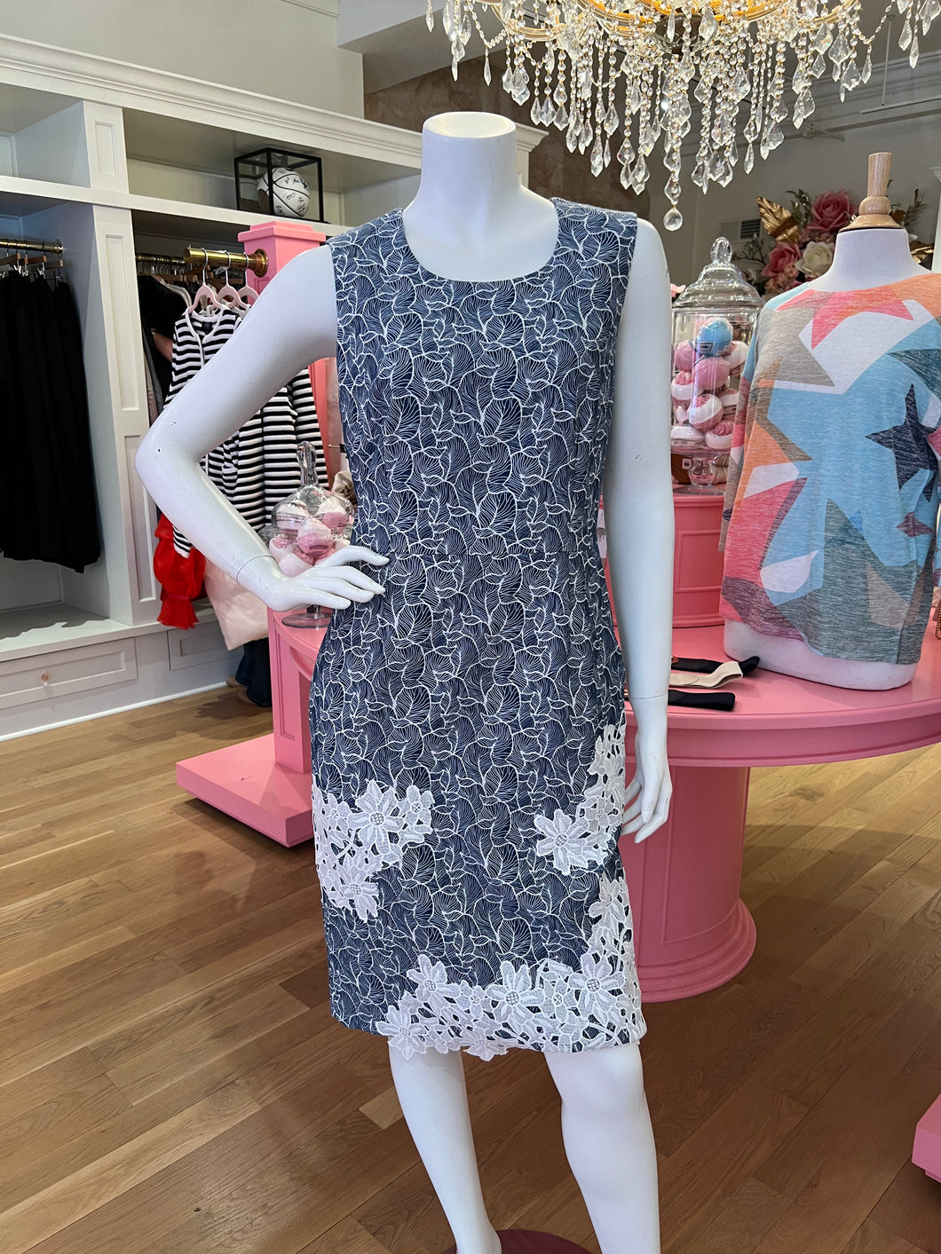 Navy Sleeveless Dress w/Floral Embroidery