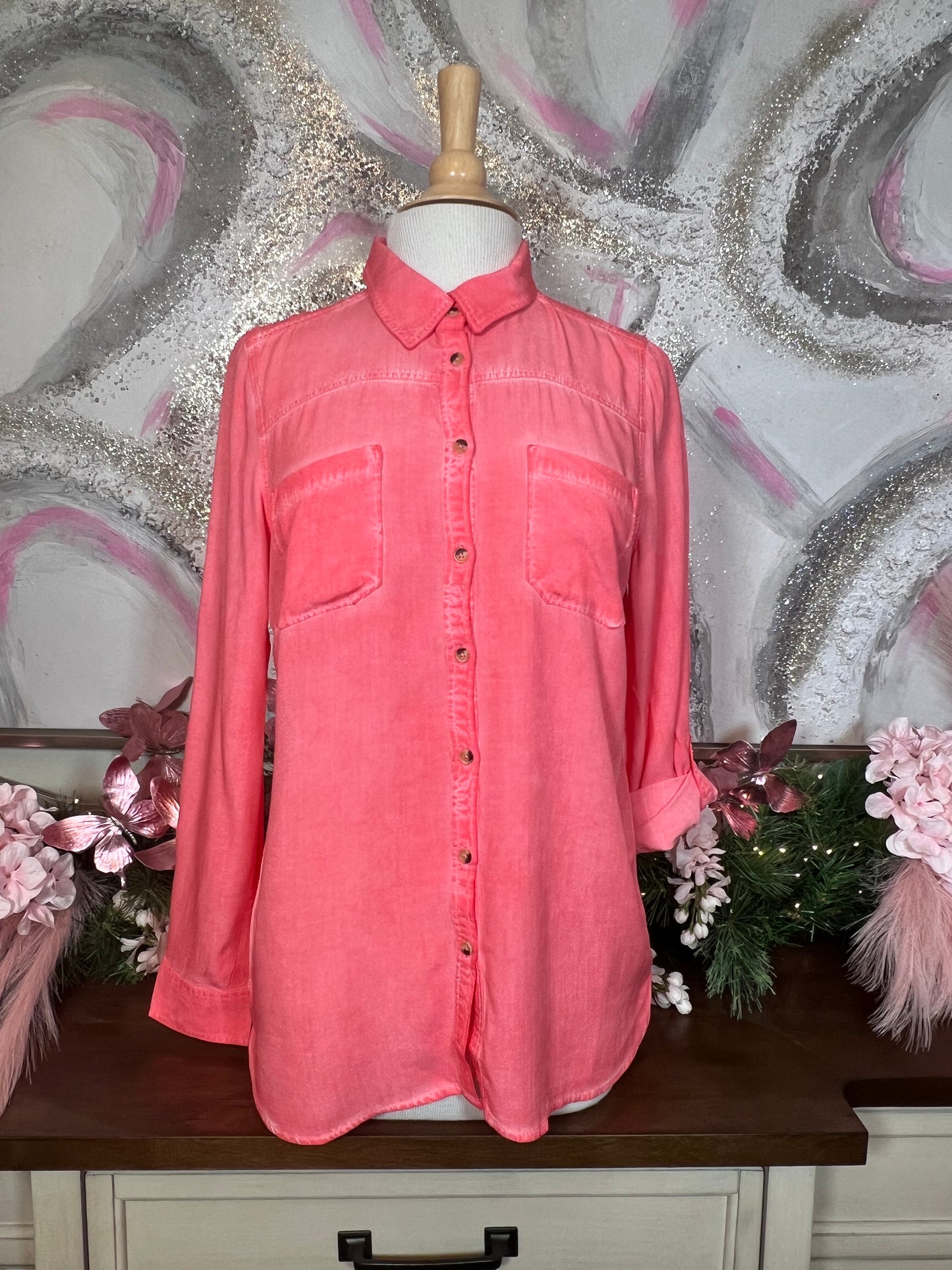 Flamingo Long Sleeve Roll Tab Top