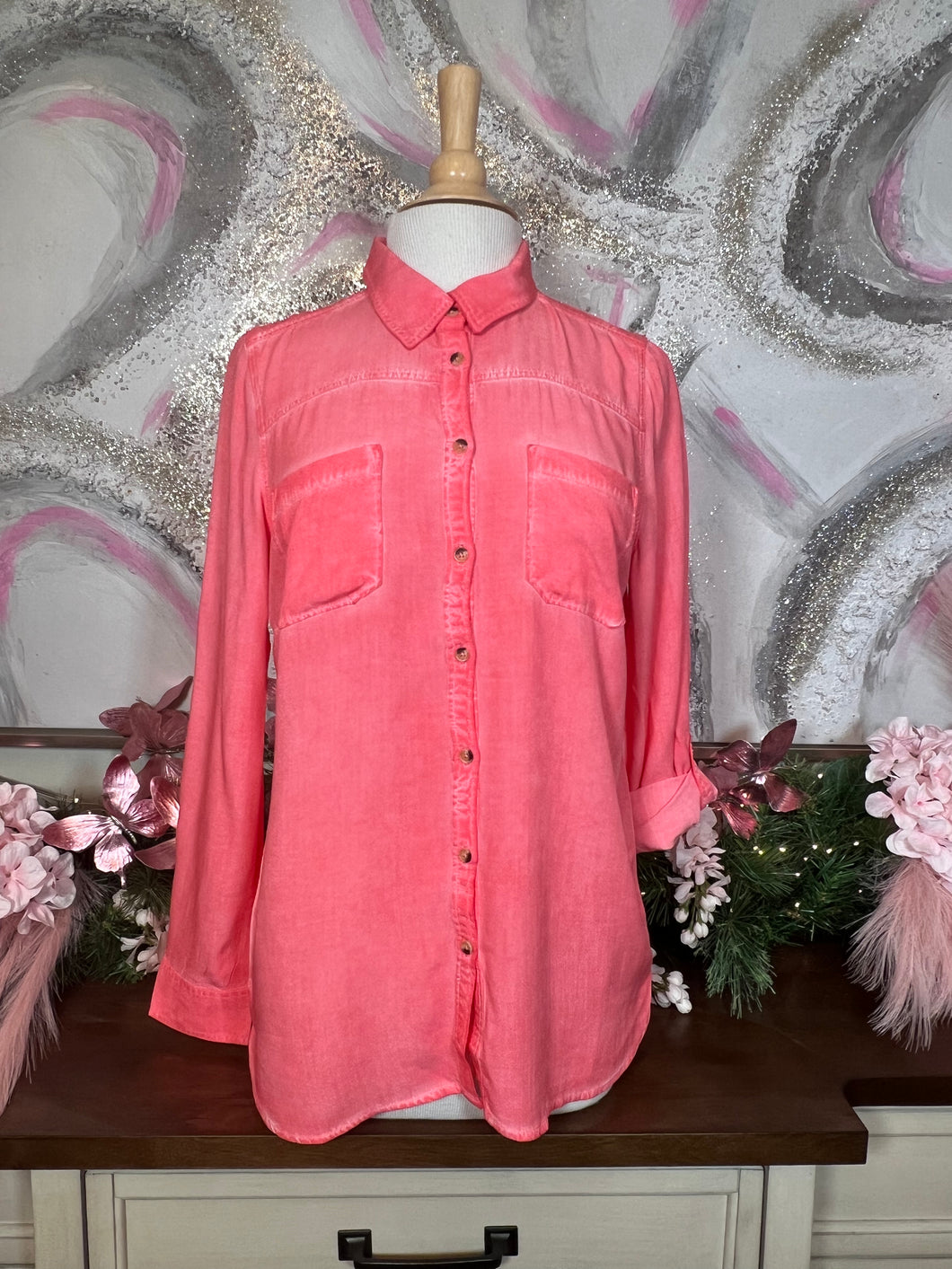 Flamingo Long Sleeve Roll Tab Top