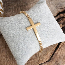 Load image into Gallery viewer, Minimal Cross Stretchy Bracelet in Worn Gold tone with Ball Beads
