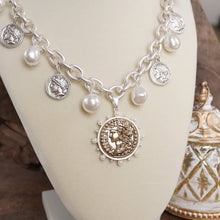Load image into Gallery viewer, Boho Coin and Pearl Charms Statement Necklace – Silver Tone
