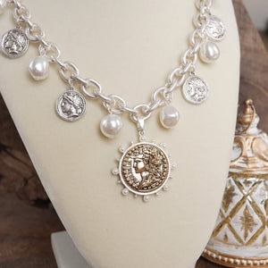 Boho Coin and Pearl Charms Statement Necklace – Silver Tone