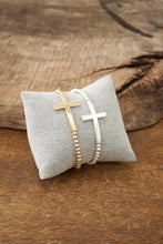 Load image into Gallery viewer, Minimal Cross Stretchy Bracelet in Worn Silver tone with Ball Beads
