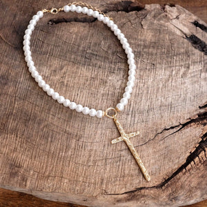 Primitive Cross Necklace Gold Pearl Beads