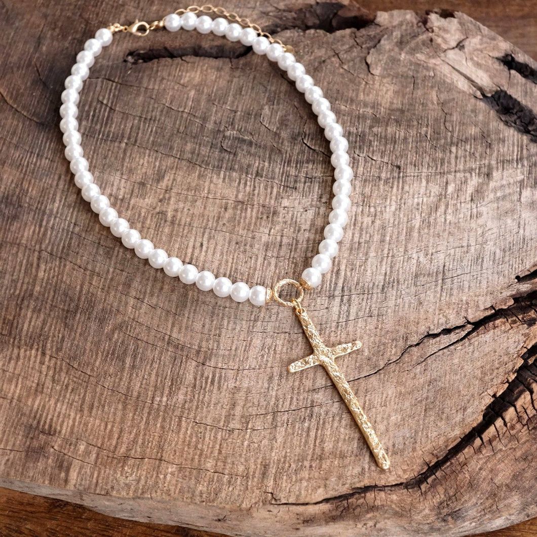 Primitive Cross Necklace Gold Pearl Beads