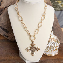 Load image into Gallery viewer, Decorative Cross Statement Necklace – Worn Gold Tone
