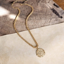 Load image into Gallery viewer, Framed Coin Necklace with Worn Gold-Tone Wheat Chain
