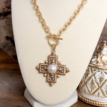 Load image into Gallery viewer, Decorative Cross Necklace Worn Gold Tone Front Toggle and Pearl
