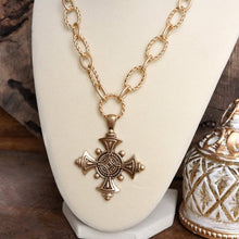 Load image into Gallery viewer, Decorative Cross Statement Necklace – Worn Gold Tone
