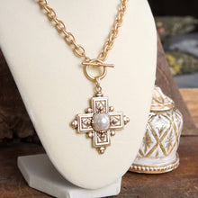 Load image into Gallery viewer, Decorative Cross Necklace Worn Gold Tone Front Toggle and Pearl
