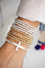 Load image into Gallery viewer, Minimal Cross Stretchy Bracelet in Worn Silver tone with Ball Beads
