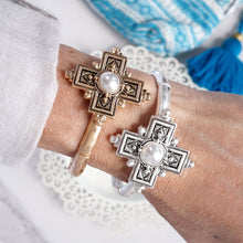 Load image into Gallery viewer, Boho Cross Drop Statement Bangles – Gold &amp; Silver Tones

