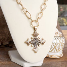Load image into Gallery viewer, Decorative Cross Statement Necklace – Worn Gold Tone
