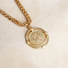 Load image into Gallery viewer, Framed Coin Necklace with Worn Gold-Tone Wheat Chain

