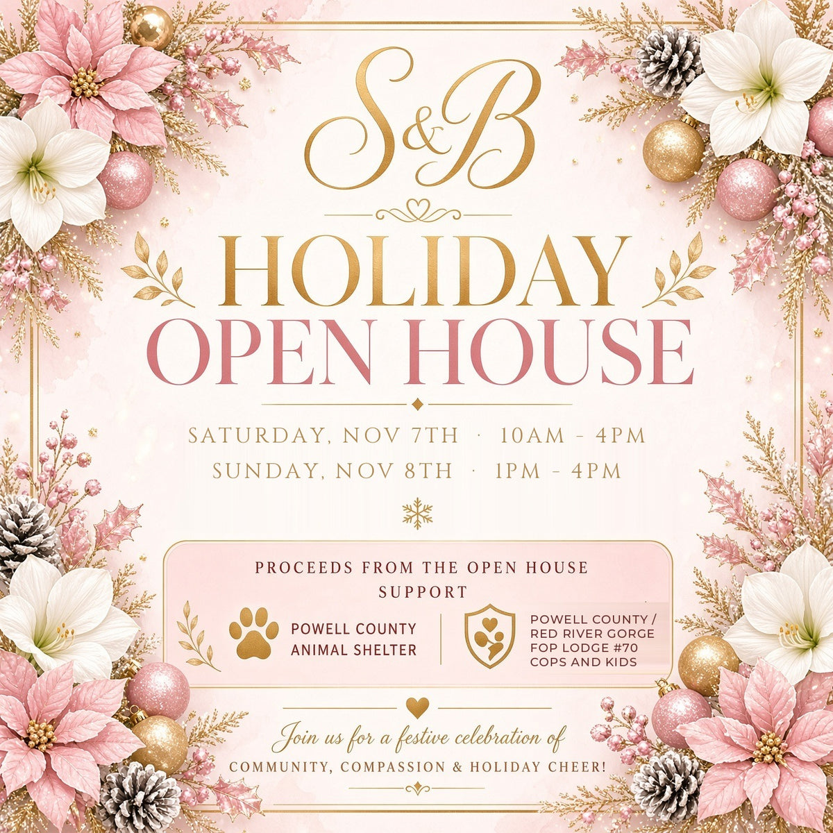S&B Holiday Open House flyer - Saturday Nov 7 10AM-4PM, Sunday Nov 8 1PM-4PM