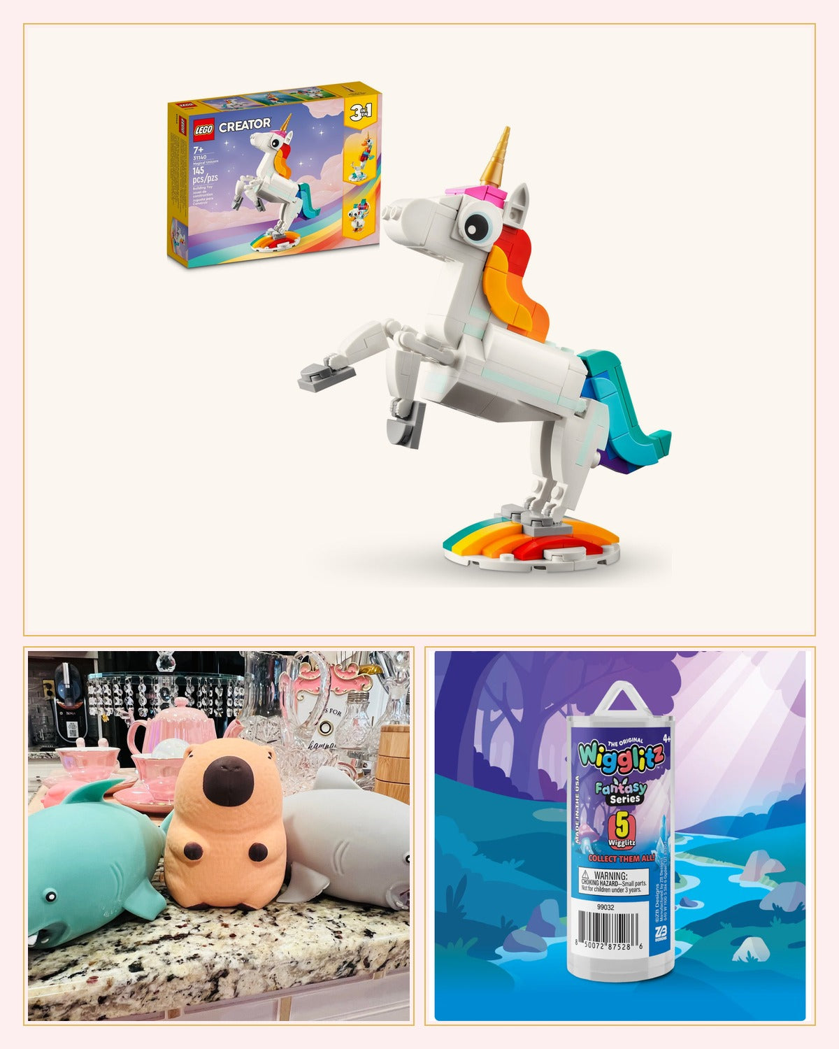 Sash & Bow toys: LEGO Magical Unicorn, Jumbo Squish and Wigglitz Fantasy