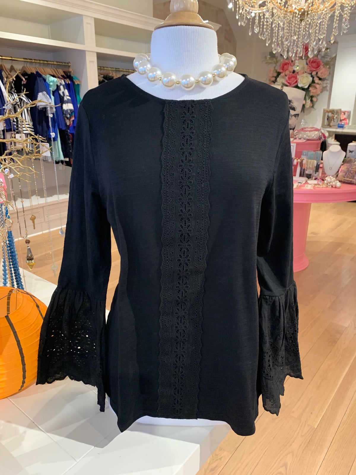 Black Long Sleeve Top w/Eyelet Lace Cuffs